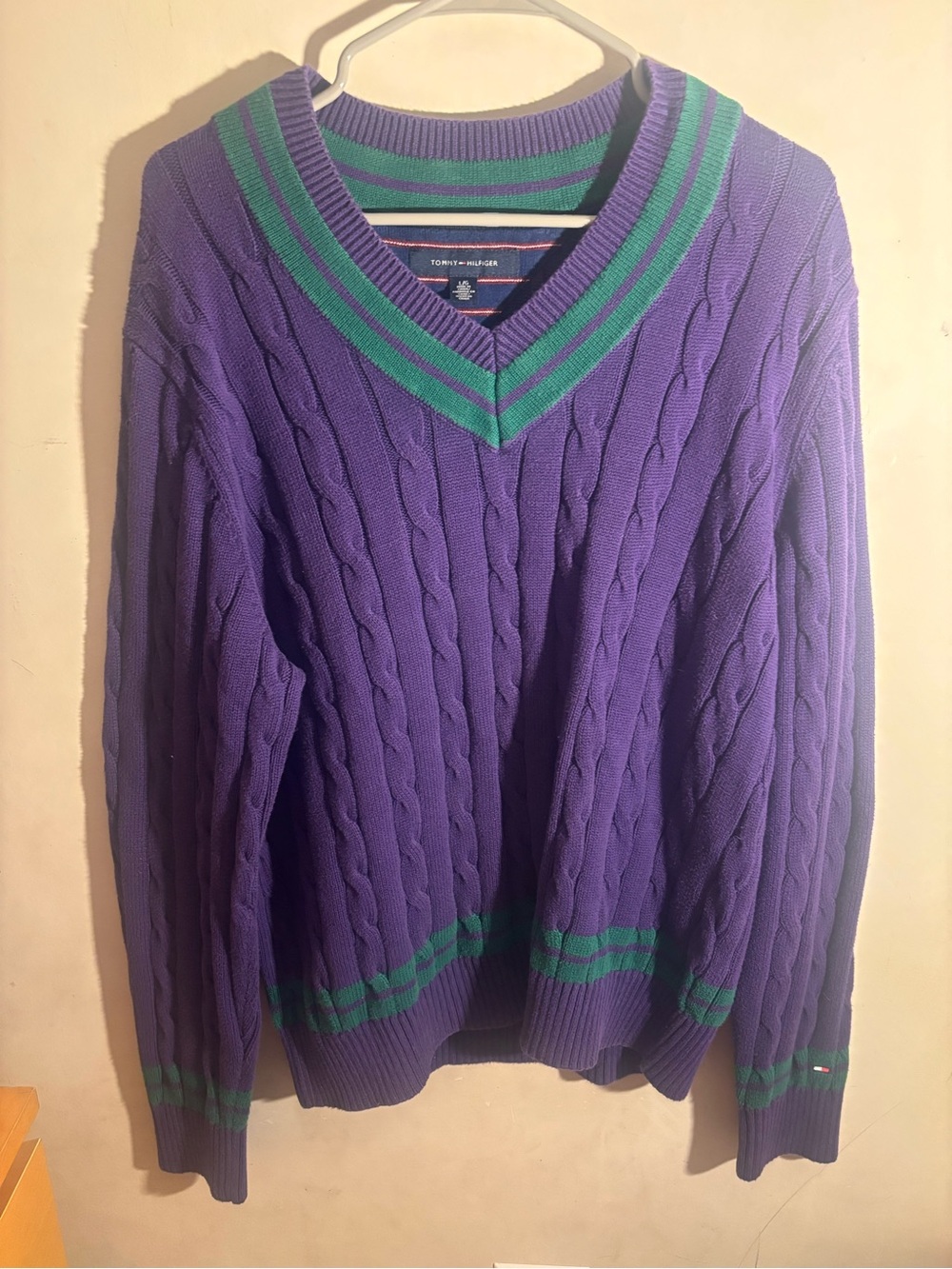 Tommy Hilfiger Purple Cable-Knit V-Neck Sweater with Green Trim
